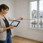 Femme mesurant un petit appartement parisien, plan sur tablette. Guide pour quelle surface acheter avec 200000 euros à Paris.