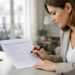 Femme avec checklist essentielle pour l'achat d'un premier appartement en France, bureau professionnel.