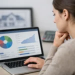 Femme simulant un prêt accession sociale à la propriété sur ordinateur, planifiant son achat immobilier.