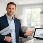 Investissement locatif avec travaux rentabilité. Un professionnel analyse des plans dans un appartement rénové pour maximiser