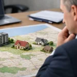 Homme étudiant carte des Hauts-de-France avec maquettes de maisons, symbolisant l'investissement locatif.