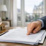 Main lisant des documents d'assurance habitation France, fond flou d'un intérieur français moderne. Comprendre sa protection.