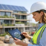 Architecte sur chantier analysant les normes écologiques construction neuve 2024 pour un bâtiment durable.