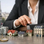 Meilleur investissement locatif Île-de-France: femme sélectionnant des maquettes immobilières, symbolisant choix et rentabili