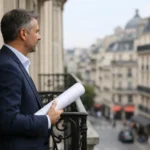Investissement locatif France non-résident: professionnel analysant documents immobiliers devant un paysage urbain français.