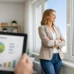 Subventions rénovation énergétique appartement: une femme examine un budget devant une fenêtre neuve et moderne.