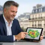 Homme d'affaires analysant carte Île-de-France pour meilleur investissement locatif.