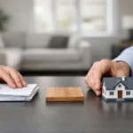 Mains organisant documents financiers, échantillon rénovation, et maison, symbolisant crédit travaux rénovation taux bas 2026