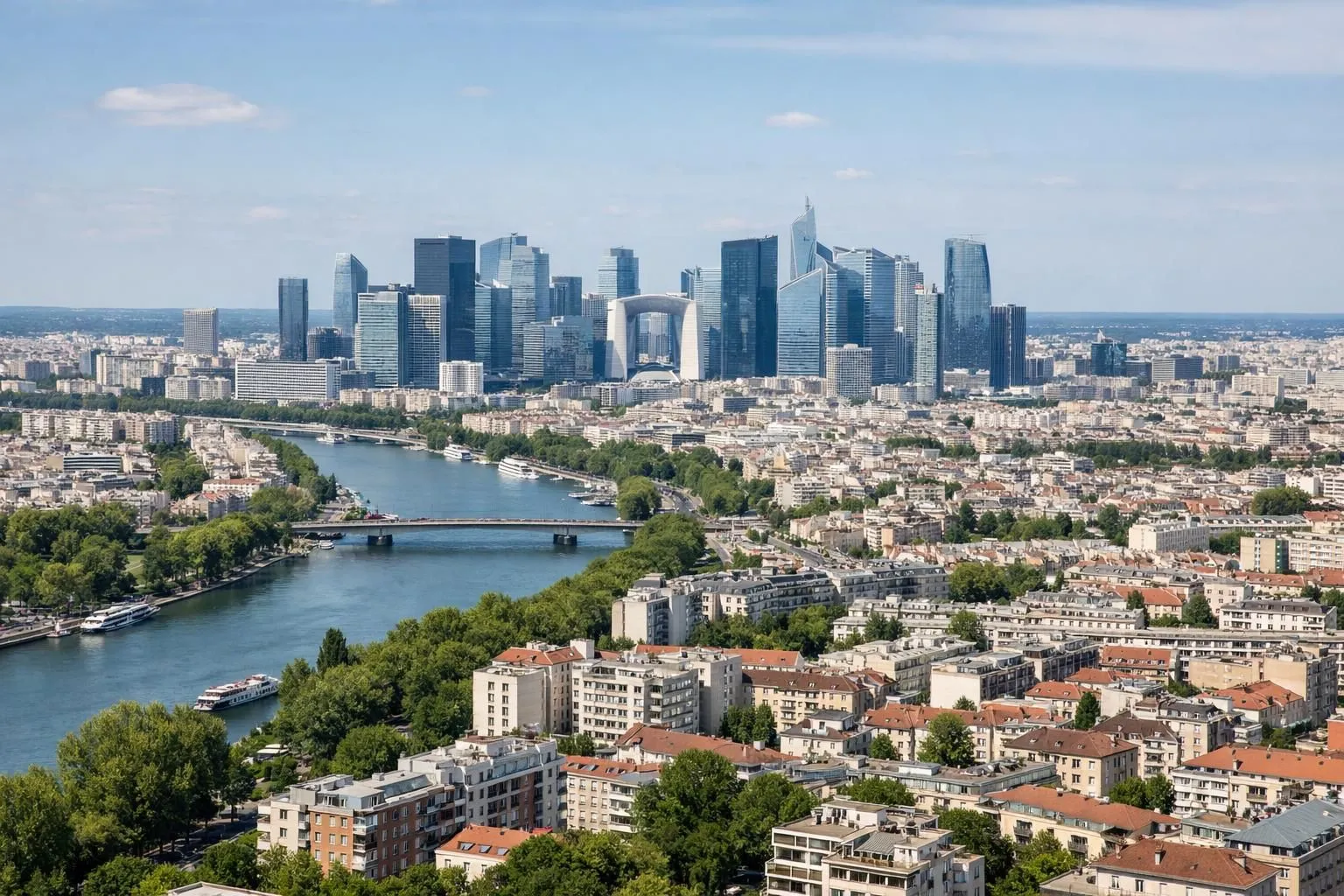 Skyline aerial view of modern Paris showing La Défense business district with glass towers, residential buildings in foreground, Seine river visible, urban density illustrating economic dynamism, midday natural light, realistic photo style, professional real estate perspective showing investment potential of Île-de-France region, no text or logos