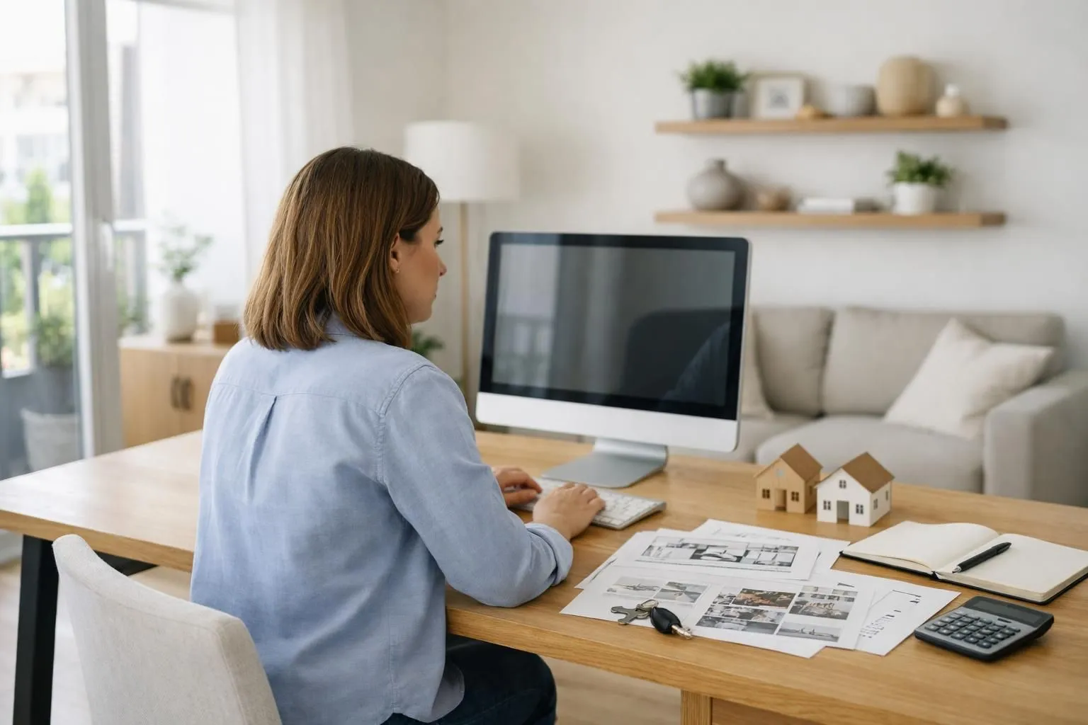 Intérieur d'appartement moderne français avec bureau lumineux, personne entre 30 et 45 ans assise devant ordinateur et documents immobiliers (simulation de prêt, tableaux de chiffres), calculatrice visible, ambiance sereine et professionnelle, lumière naturelle par grande fenêtre, décor épuré avec touches de bois clair et blanc, plantes vertes discrètes, stylo et carnets sur le bureau, aucune anxiété visible, image réaliste pensée pour magazine immobilier, aucun texte ni logo dans l'image
