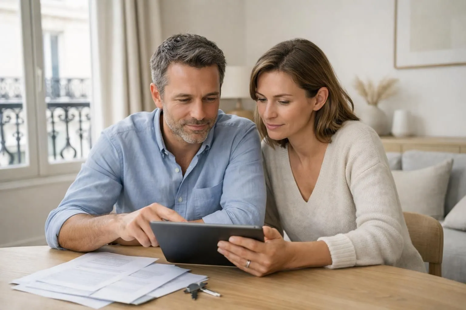 Scène réaliste d'un couple français entre 35 et 45 ans assis à une table en bois clair dans un salon lumineux d'appartement parisien, examinant ensemble des documents immobiliers et calculant la rentabilité locative sur une tablette numérique, ambiance sereine et professionnelle avec lumière naturelle traversant de grandes fenêtres, décoration moderne minimaliste aux tons beige et gris, maquette d'immeuble résidentiel visible sur la table, photo éditoriale réaliste pour magazine immobilier sans aucun texte ni logo dans l'image