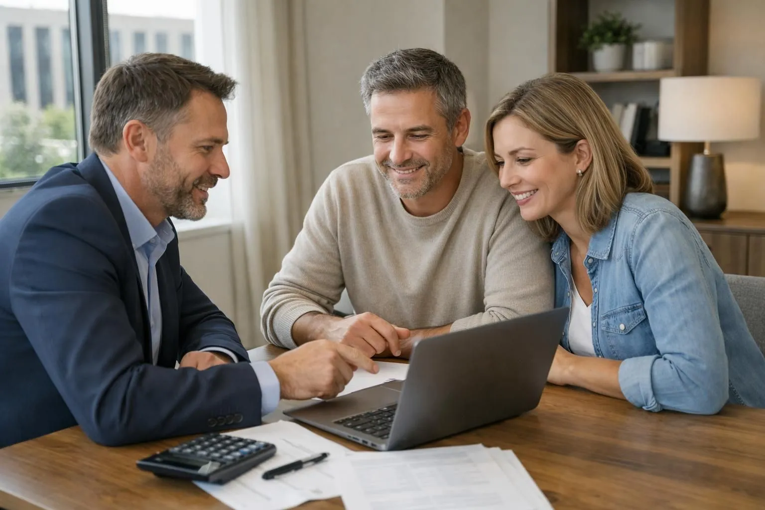 Professional financial advisor in modern French office meeting with couple in their 40s reviewing mortgage refinancing documents on laptop, warm natural lighting through window, comfortable contemporary interior with wooden desk, neutral tones, reassuring atmosphere, realistic photo style showing calculator and financial papers on table, no text visible
