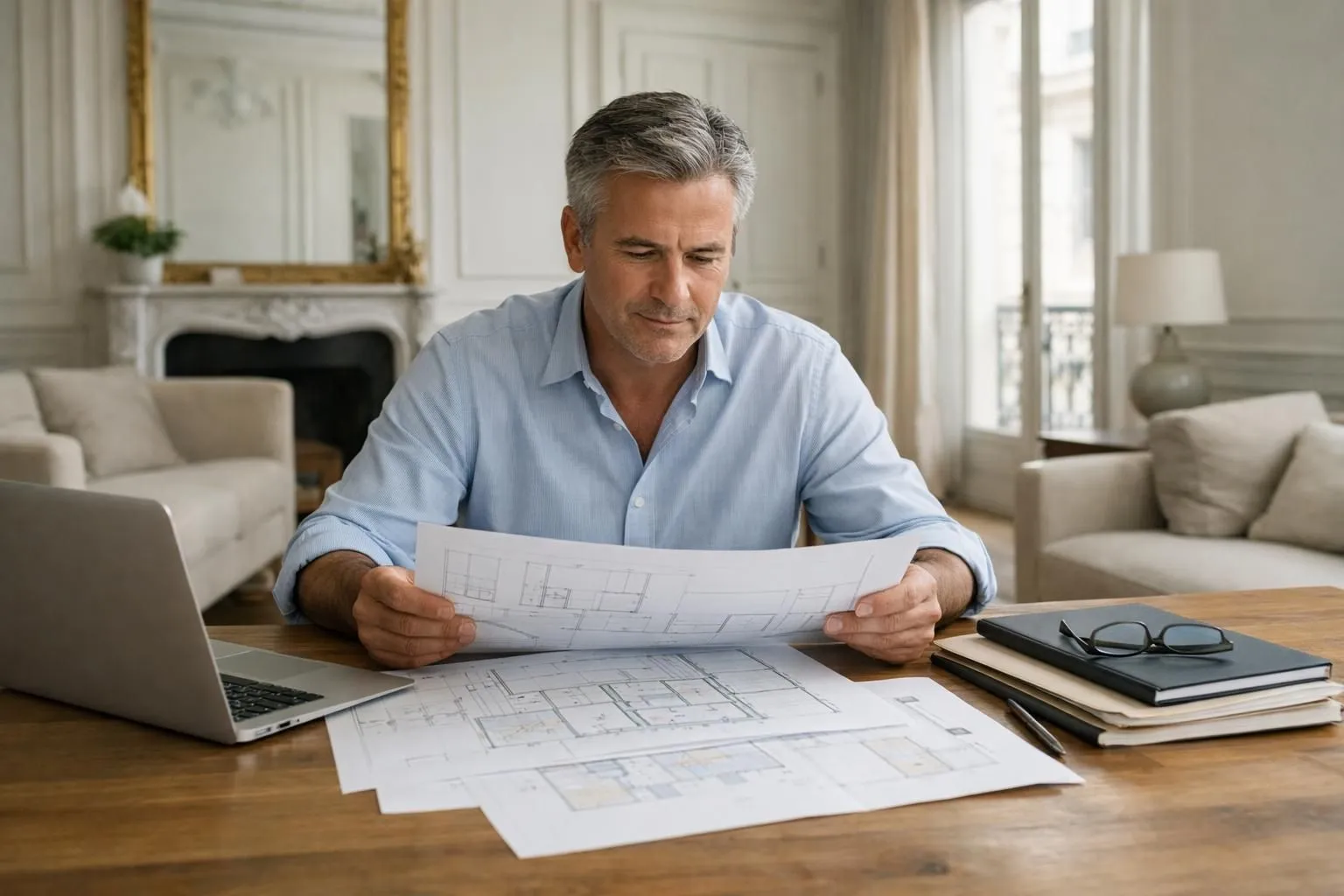 Investisseur dans la quarantaine analysant des plans de rénovation d'appartement sur une grande table en bois, entouré de dossiers financiers et d'un ordinateur portable affichant des calculs de rentabilité locative, dans un salon haussmannien lumineux avec parquet ancien et moulures, ambiance professionnelle et sereine, lumière naturelle douce, couleurs neutres beige et gris