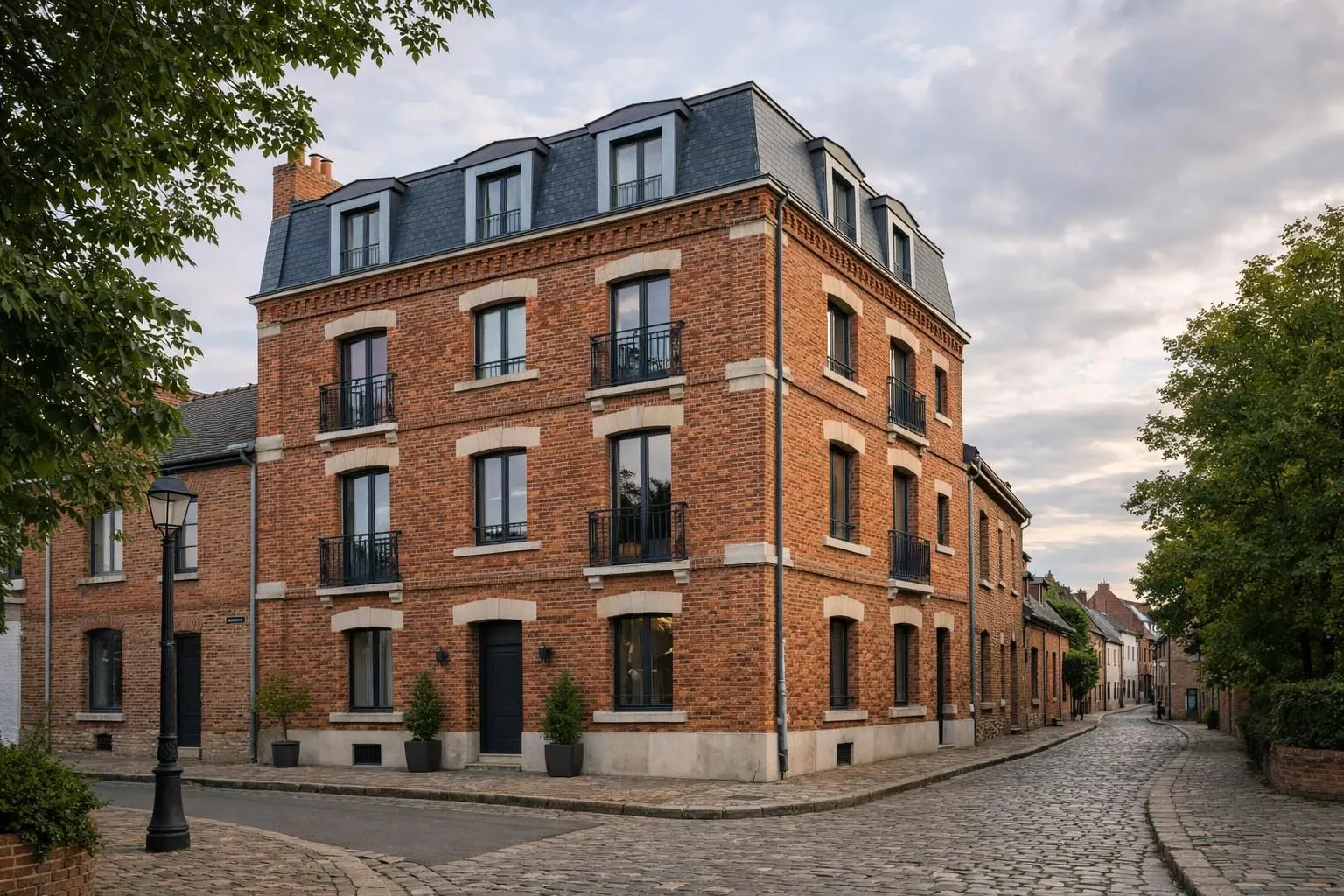Photo réaliste d'un immeuble rénové dans le bassin minier des Hauts-de-France, architecture typique en briques rouges avec volets blancs, façade restaurée, petite rue pavée calme, arbres plantés le long du trottoir, ciel légèrement nuageux typique du Nord, ambiance chaleureuse et patrimoniale, lumière naturelle douce de fin d'après-midi, style éditorial magazine immobilier, composition équilibrée montrant l'attractivité résidentielle de la région, aucun texte visible