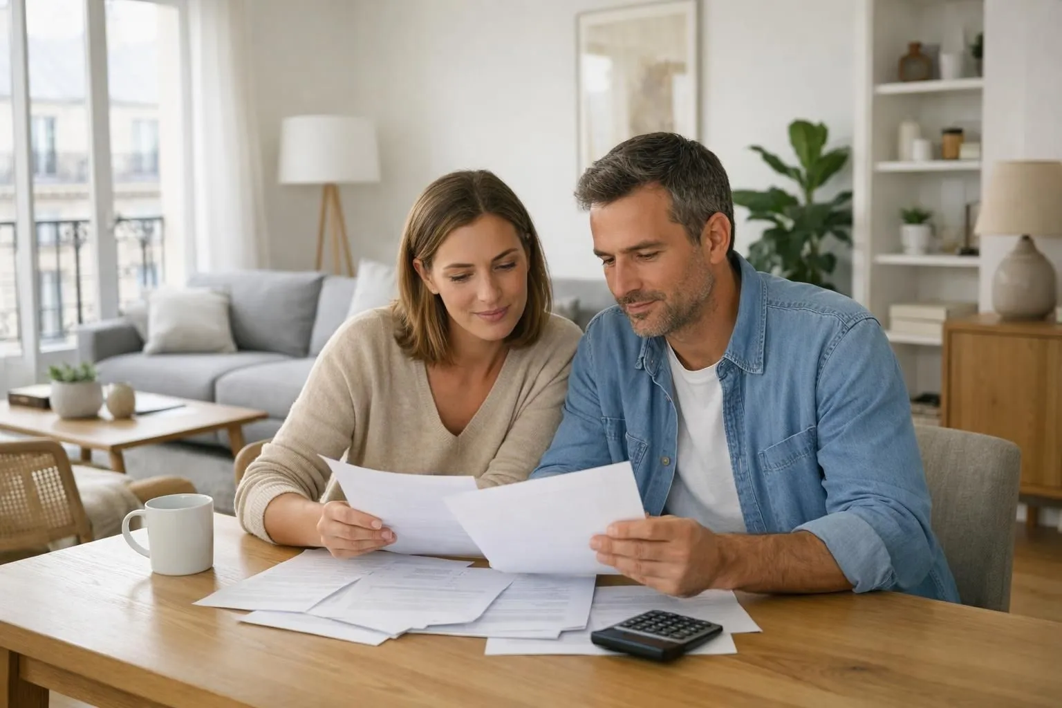 Interior of a modern French apartment with a young couple sitting at their dining table reviewing insurance documents together, natural daylight streaming through large windows, contemporary furnished living room in background with neutral beige and grey tones, warm and reassuring atmosphere showing home protection concept, photo-realistic style with soft natural lighting, no text visible