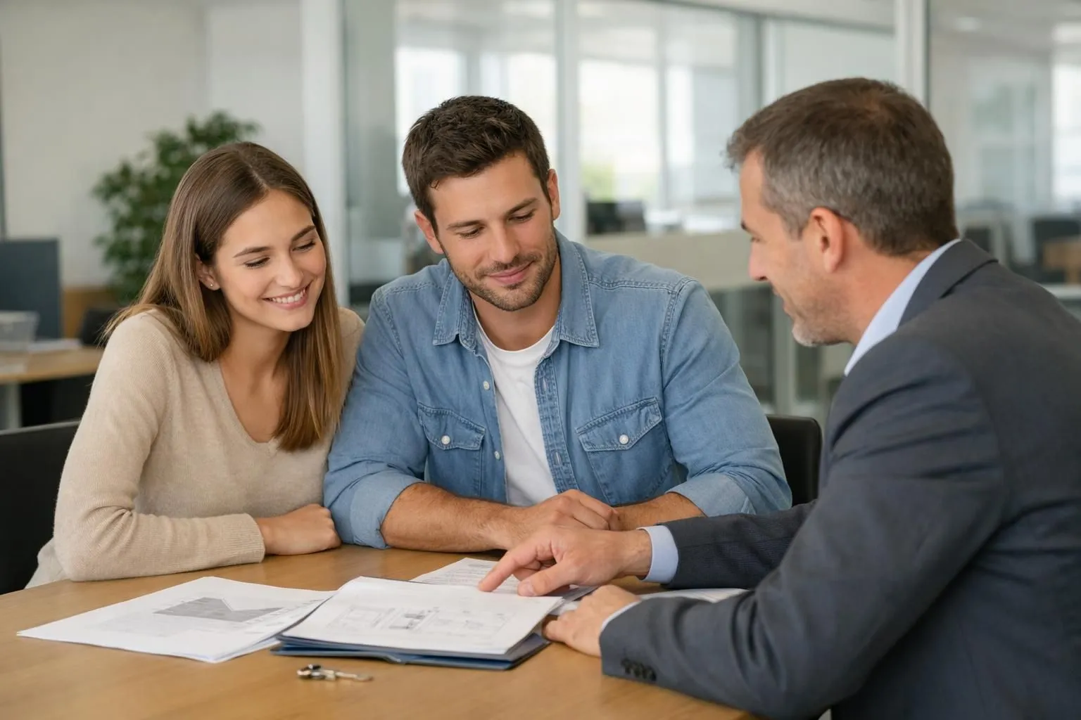Couple de jeunes propriétaires entre 30 et 40 ans assis à une table de bureau moderne avec un conseiller bancaire professionnel, examinant ensemble des documents immobiliers et un dossier de prêt, ambiance rassurante et lumineuse avec lumière naturelle, style photo réaliste, environnement bancaire contemporain épuré avec ordinateur portable visible, documents étalés sur la table, couleurs neutres beige et gris, atmosphère professionnelle mais chaleureuse illustrant une rencontre pour un crédit immobilier en France, aucun texte visible dans l'image