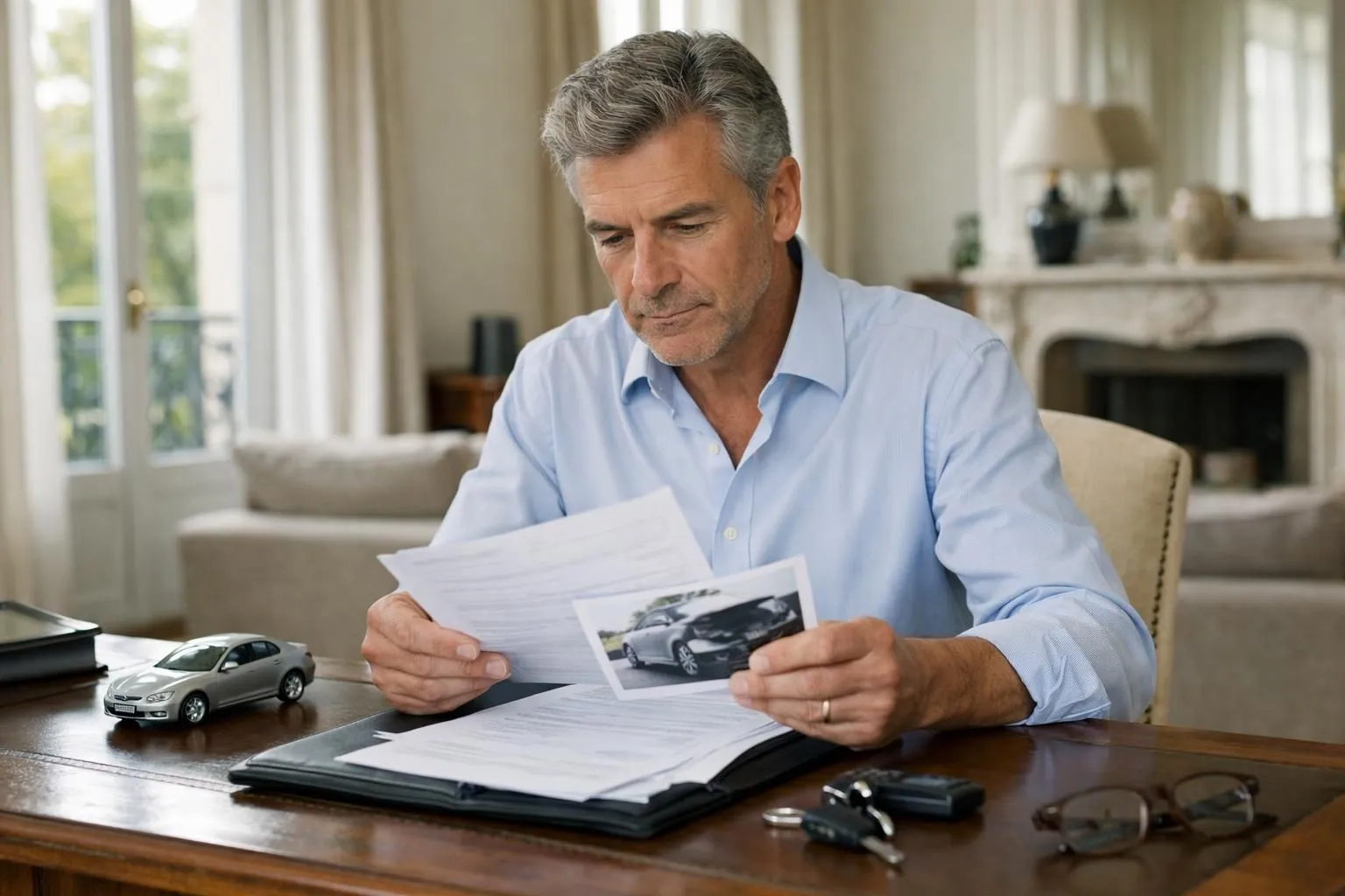 Professional scene showing a person reviewing car insurance documents at a modern desk with laptop and vehicle keys visible, natural daylight filtering through window, realistic French apartment interior with neutral tones, person aged 30-55 consulting paperwork with confident posture, car insurance policy visible on screen, organized workspace with clean aesthetic, warm and reassuring atmosphere, no text or watermarks in image