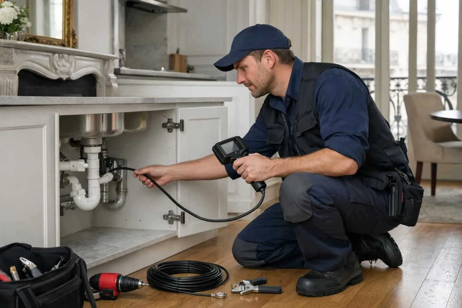 Plombier professionnel en action dans un appartement haussmannien parisien, inspectant des tuyaux sous un évier avec outils modernes et mallette ouverte, intérieur élégant avec moulures anciennes et luminosité naturelle, ambiance rassurante et professionnelle, style photo réaliste sans aucun texte visible