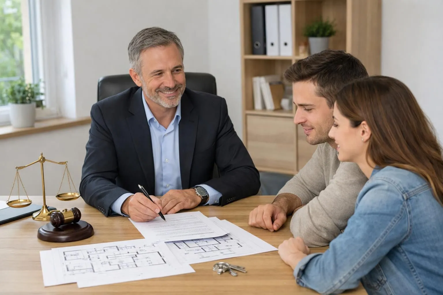 Notaire professionnel français en costume assis à son bureau moderne avec un couple de clients entre 30 et 40 ans consultant des documents immobiliers, plans et contrats de vente posés sur une table en bois clair, ambiance rassurante et professionnelle, lumière naturelle douce traversant une fenêtre, étagères avec dossiers en arrière-plan, style photo réaliste éditoriale pour magazine immobilier, couleurs neutres beige et blanc, sans aucun texte visible