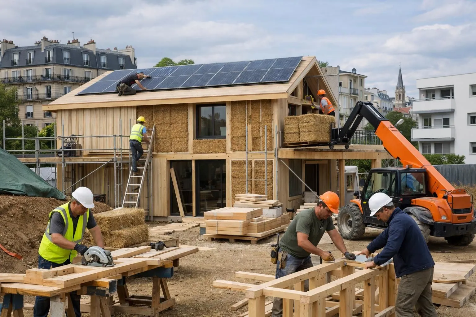 Chantier de construction moderne en France avec matériaux écologiques (bois, isolation biosourcée) visibles, ouvriers portant équipements de sécurité travaillant sur structure basse consommation, panneaux solaires partiellement installés sur toiture, environnement urbain français en arrière-plan, ambiance professionnelle et lumineuse, photo réaliste prise en plein jour avec lumière naturelle, couleurs neutres (gris béton, bois clair, blanc), aucun texte visible