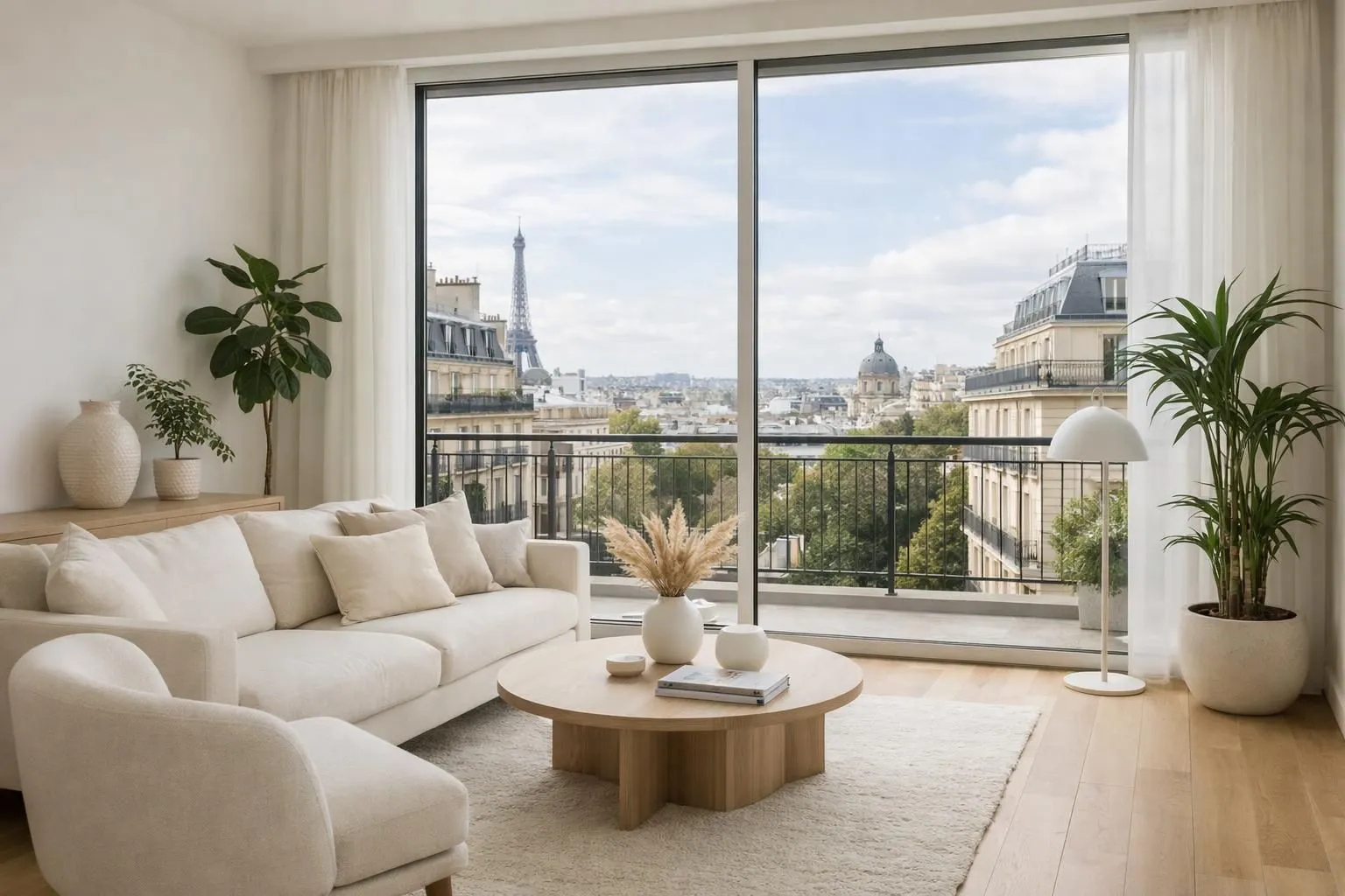 Intérieur d'appartement parisien moderne avec grande baie vitrée laissant entrer la lumière naturelle, salon épuré aux tons beige et blanc, parquet en bois clair, quelques plantes vertes, vue urbaine élégante en arrière-plan, ambiance chaleureuse et rassurante, photo réaliste professionnelle sans aucun texte visible