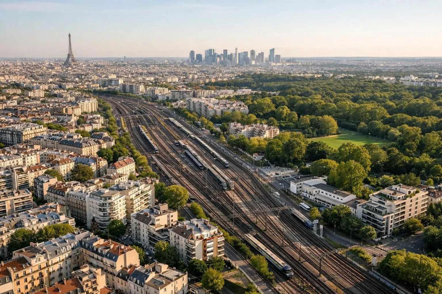 Vue aérienne réaliste de Paris et sa banlieue proche montrant la densité urbaine et les axes de transport. Plan large capturant des quartiers résidentiels mixtes (immeubles haussmanniens et modernes), des voies ferrées et lignes de métro stylisées, des parcs urbains. Ambiance dynamique en fin de journée avec lumière dorée. Perspective montrant la diversité géographique entre Paris intra-muros (bâtiments prestigieux) et banlieue (immeubles plus accessibles). Composition éditoriale professionnelle sans texte, évoquant l'investissement immobilier et la mobilité urbaine en Île-de-France.