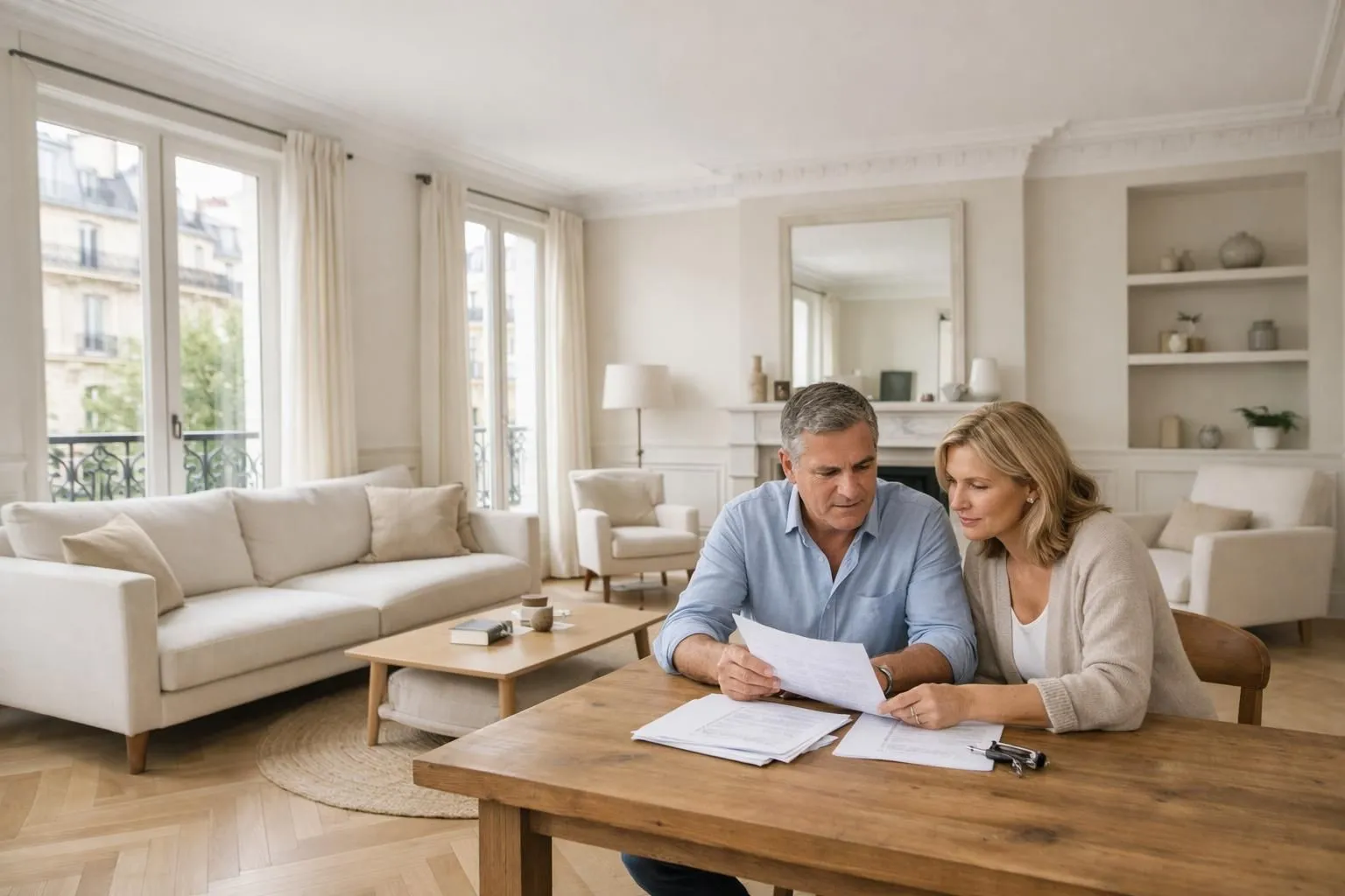 Interior of a renovated French apartment with modern furnishings and natural light, showing a living room with Haussmann-style windows, parquet flooring, neutral beige and white tones, a couple in their 40s reviewing property documents at a wooden table with blueprints and rental contracts, warm professional atmosphere suggesting rental investment planning, realistic photography style with soft daylight