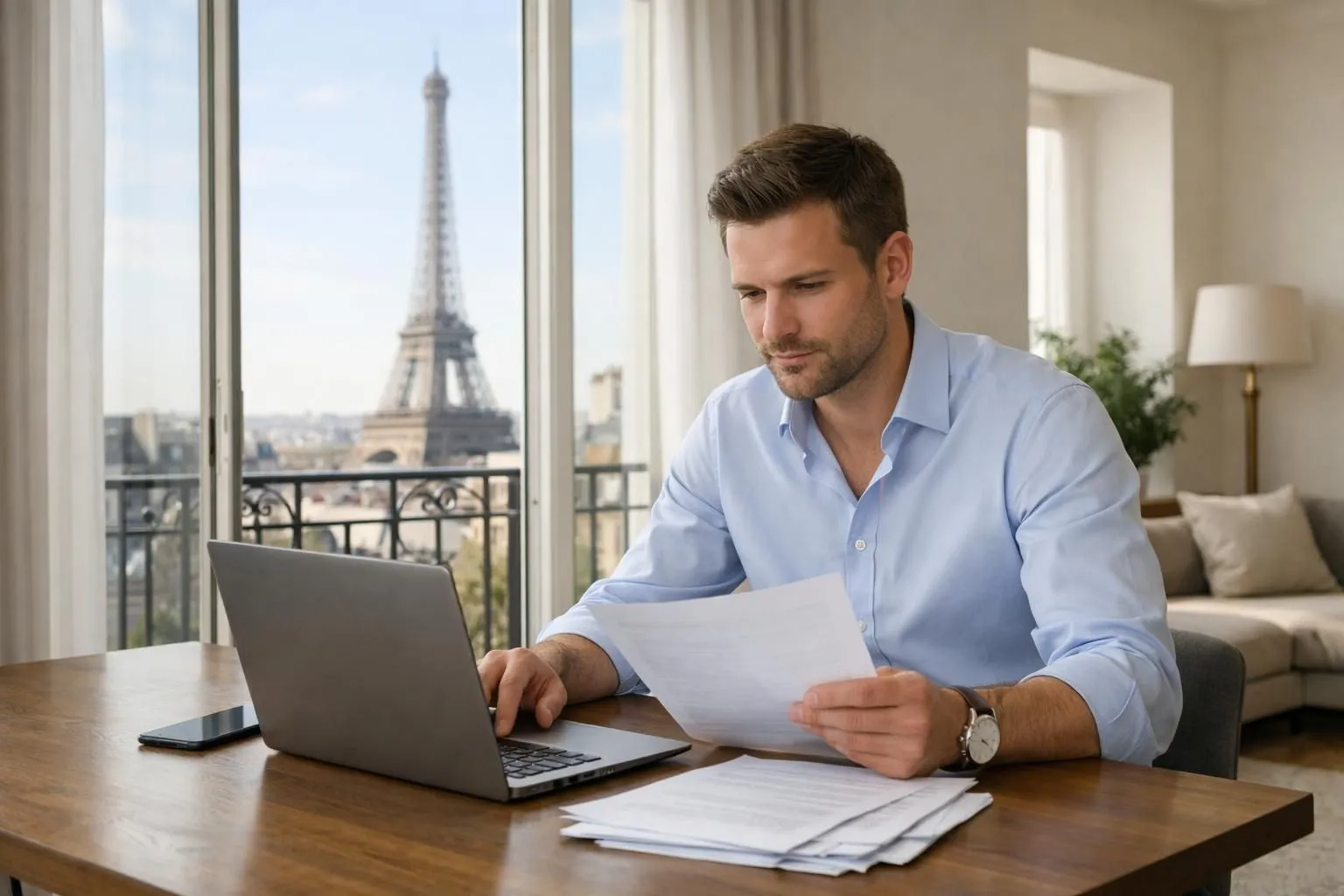 Professional expatriate in elegant Parisian apartment reviewing rental property documents on modern laptop, Eiffel Tower visible through large window in background, bright natural daylight, neutral tones, realistic photography style showing confident investor analyzing French real estate investment opportunities, wooden desk with property plans and calculator, serene and trustworthy atmosphere, no text or logos visible