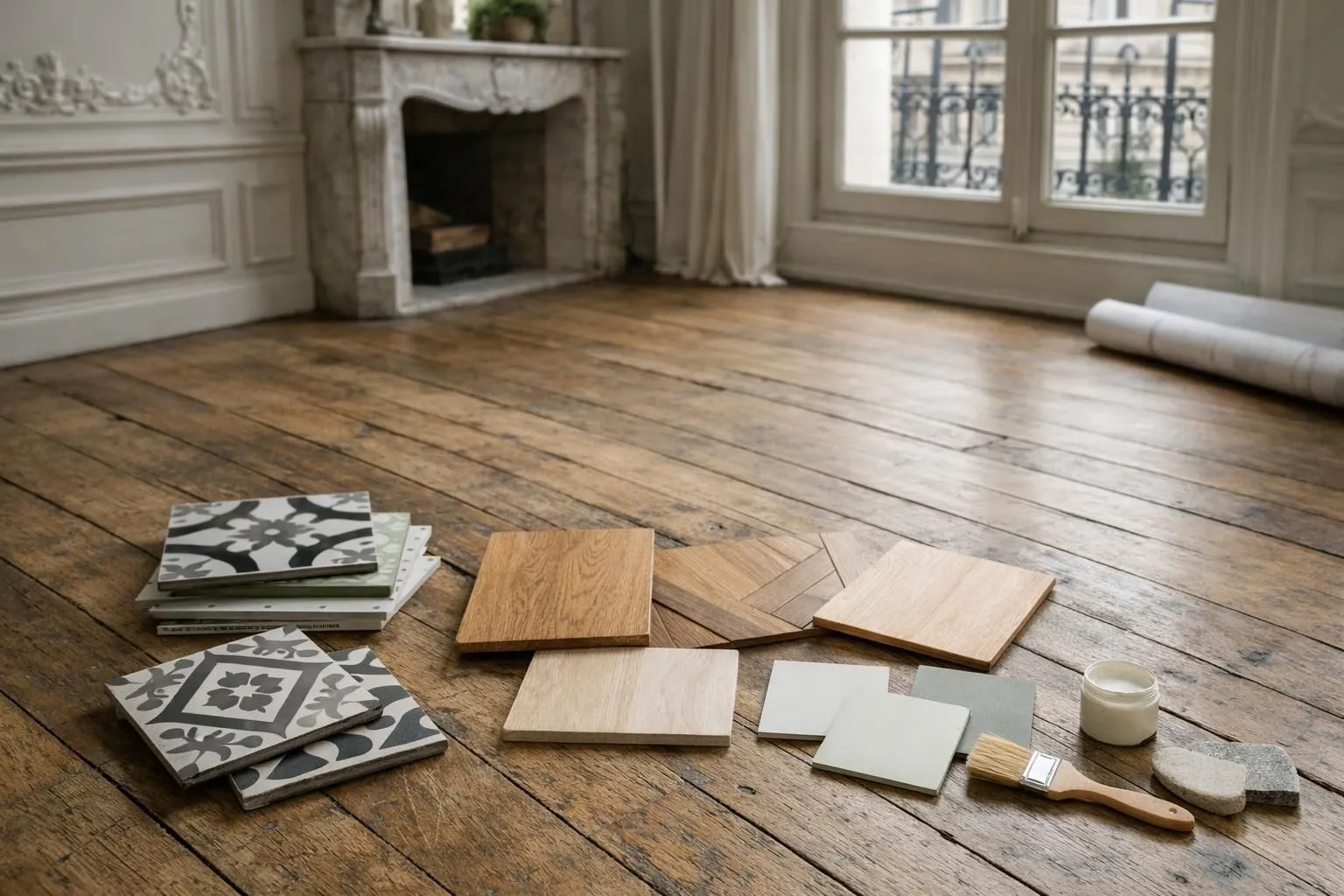 Intérieur d'un appartement haussmannien parisien partiellement rénové montrant le contraste entre l'ancien et le moderne: au premier plan, échantillons de matériaux de rénovation (carreaux de ciment colorés, parquet massif, peinture écologique) disposés sur un ancien parquet à chevrons patiné; en arrière-plan, moulures d'époque restaurées et fenêtres à croisillons avec lumière naturelle; ambiance professionnelle et élégante avec teintes neutres (blanc cassé, gris clair, bois naturel); scène réaliste d'un projet immobilier en cours, perspective éditoriale pour magazine immobilier français; aucun texte visible