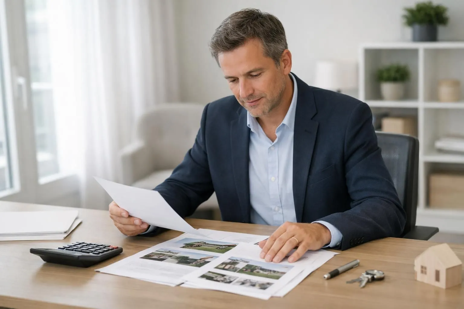 Agent immobilier dans bureau moderne français consultant documents de tarification, calculatrice et listings de propriétés sur le bureau, lumière naturelle, ambiance professionnelle rassurante, style photo réaliste avec couleurs neutres beiges et blancs