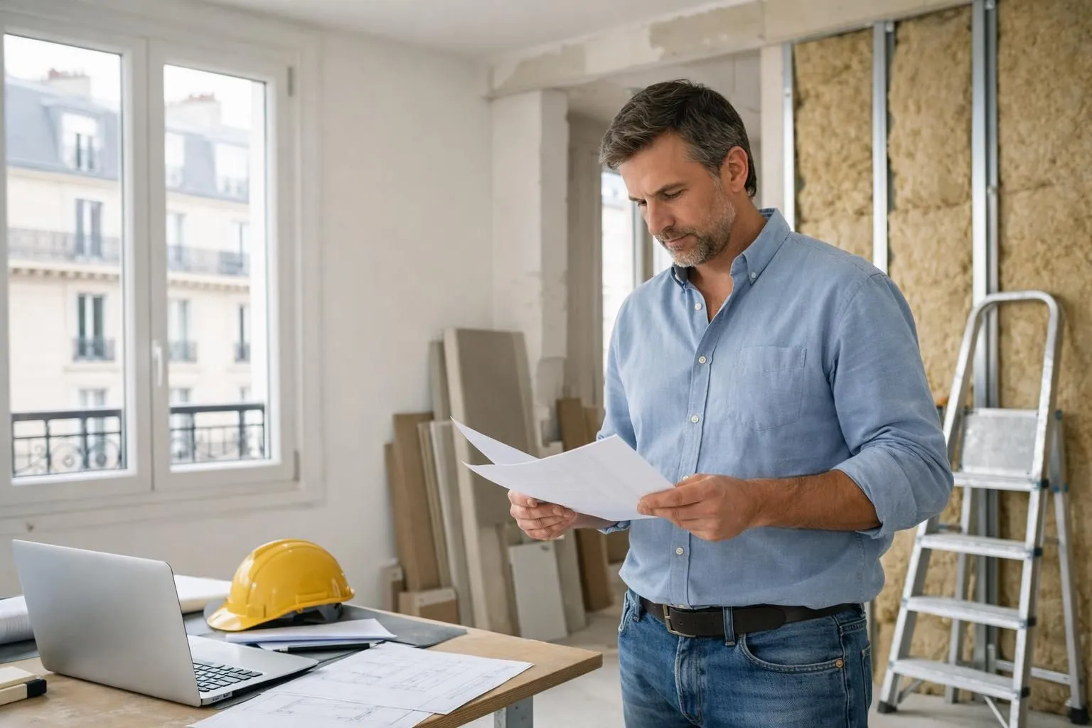 Intérieur lumineux d'un appartement parisien en cours de rénovation énergétique, avec un propriétaire entre 40 et 50 ans consultant des documents officiels sur une table en bois, fenêtres neuves à double vitrage visibles en arrière-plan, isolation visible sur un mur, ambiance professionnelle et rassurante, lumière naturelle douce, couleurs neutres beige et blanc, style photographique réaliste éditorial pour magazine immobilier, aucun texte ni logo visible