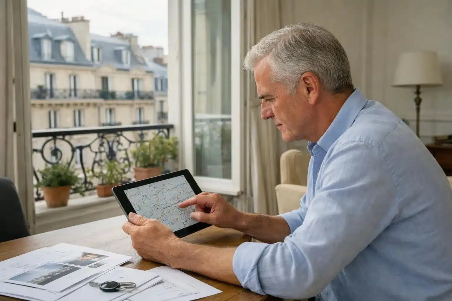 Scène réaliste montrant un investisseur entre 35 et 50 ans consultant une carte du Grand Paris Express sur une tablette, assis dans un appartement haussmannien lumineux avec vue sur des immeubles parisiens modernes, documents immobiliers et plans de quartier sur la table, ambiance professionnelle et confiante, lumière naturelle, tons beige et gris, style éditorial magazine immobilier