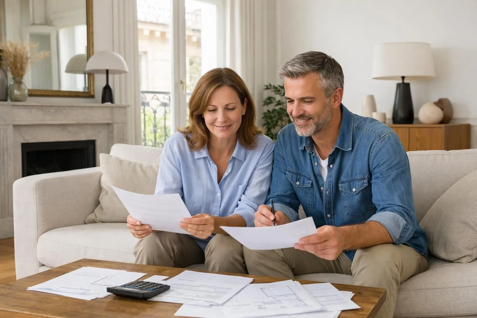 Couple entre 35 et 50 ans assis à une table dans un salon haussmannien lumineux, consultant ensemble des documents de prêt et devis de rénovation, attitude confiante et sereine, lumière naturelle traversant de grandes fenêres, décoration intérieure moderne avec parquet en bois clair, murs blancs, pas de texte visible, ambiance éditoriale professionnelle immobilier