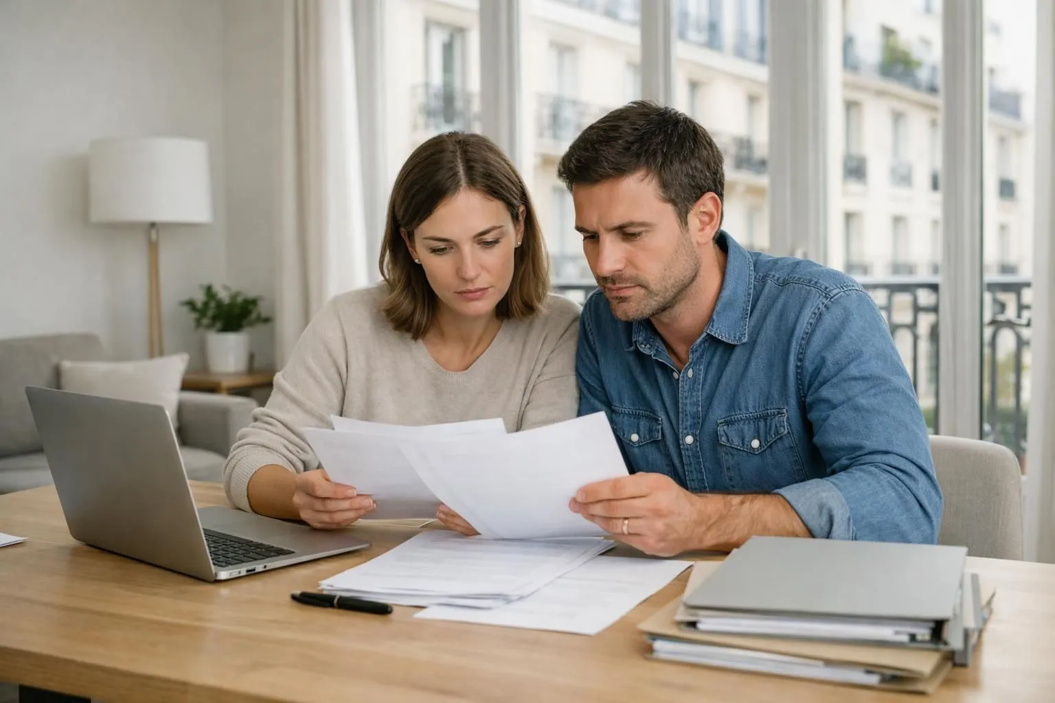Professional couple in their 30s reviewing organized mortgage documents at a modern wooden desk in a bright Parisian apartment, with laptop open showing mortgage application, neat folders labeled with document categories, natural daylight through large windows, reassuring and focused atmosphere, realistic photo style, neutral tones
