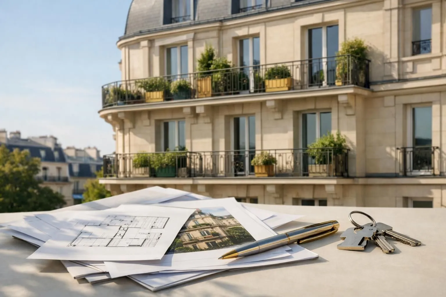 Architectural plans, photographs, and keys on a balcony overlooking a Parisian building.