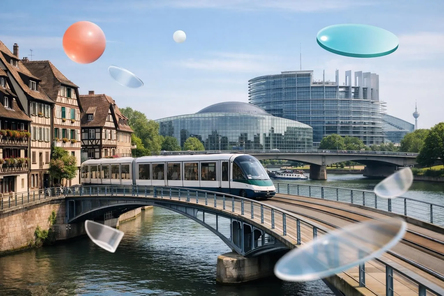 Colorful balloons, modern architecture, historic buildings, river, and a moving tram.