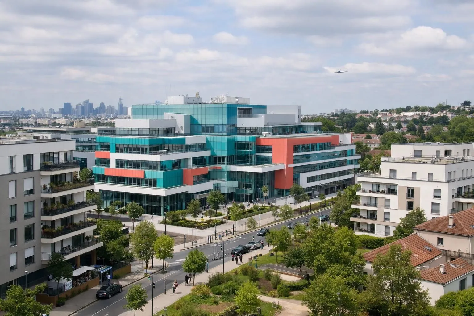 Colorful modern buildings, green spaces, and pedestrians in a city landscape.