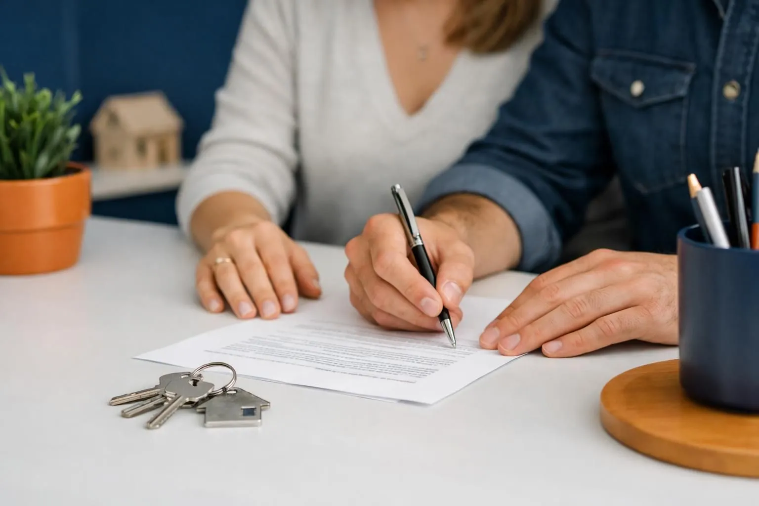 Hands signing legal document with house keys on table.