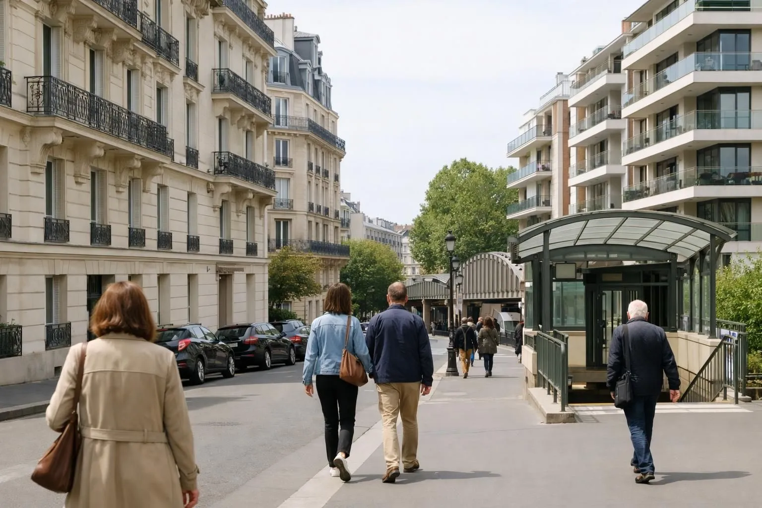Residential apartment buildings in Parisian suburb with metro station visible, modern mixed-use urban neighborhood with tree-lined streets, people walking near building entrances, typical French architecture combining renovated Haussmannian facades and contemporary low-rise buildings, natural daylight, professional real estate photography style showing investment potential