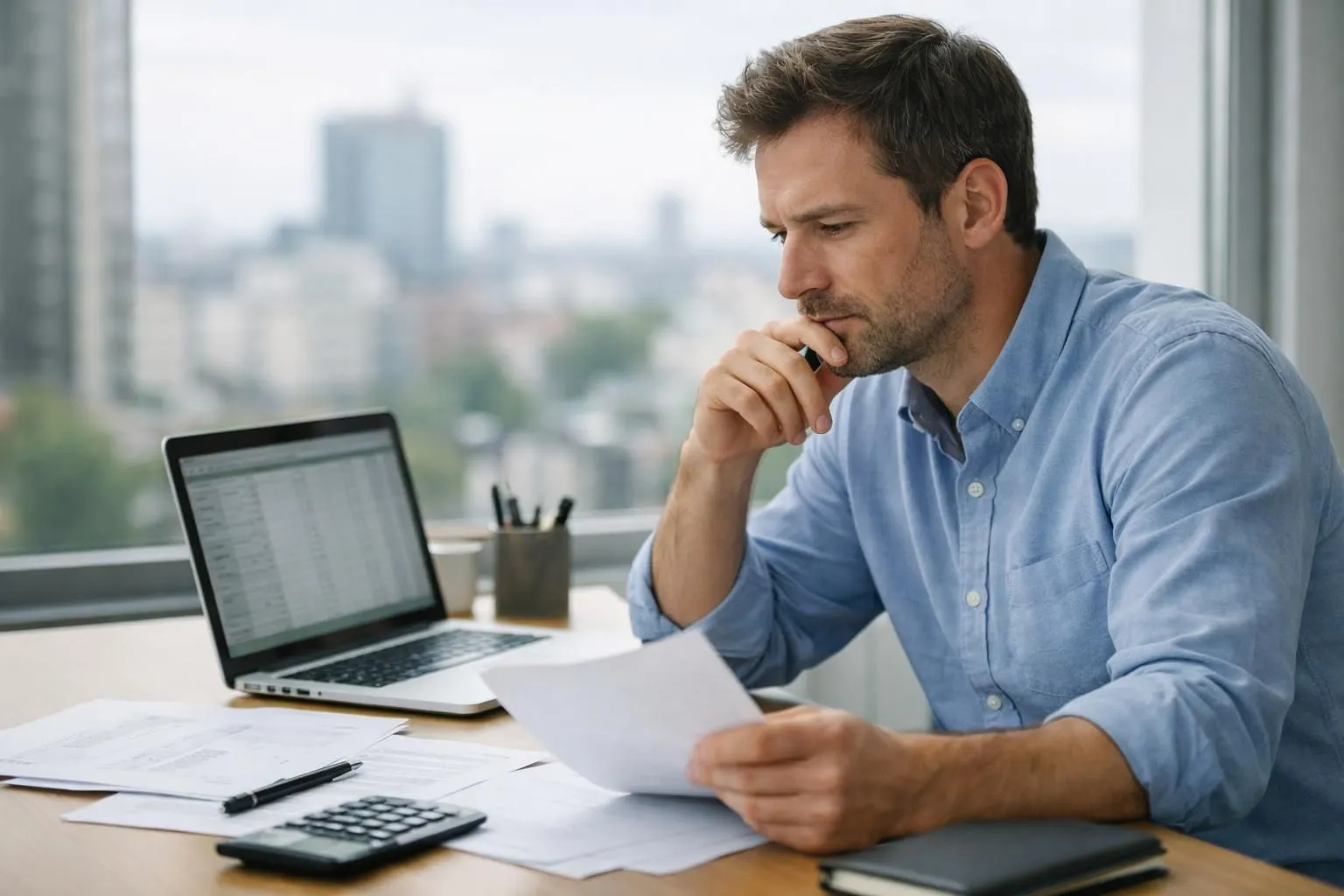 Bureau lumineux d'appartement parisien moderne avec table en bois clair, ordinateur portable ouvert affichant un tableau Excel de budget, documents financiers éparpillés (fiches de paie, relevés bancaires), calculatrice, carnet de notes, smartphone. Personne entre 35 et 50 ans (visible de dos ou de profil) assise devant l'écran, stylo à la main, posture concentrée et méthodique. Lumière naturelle douce provenant d'une fenêtre avec vue urbaine floue. Ambiance professionnelle et organisée. Couleurs neutres: blanc, beige, gris anthracite, touches de vert avec une plante d'intérieur. Style photo réaliste, composition éditoriale claire pour magazine immobilier. Aucun texte, logo ou chiffre visible dans l'image.
