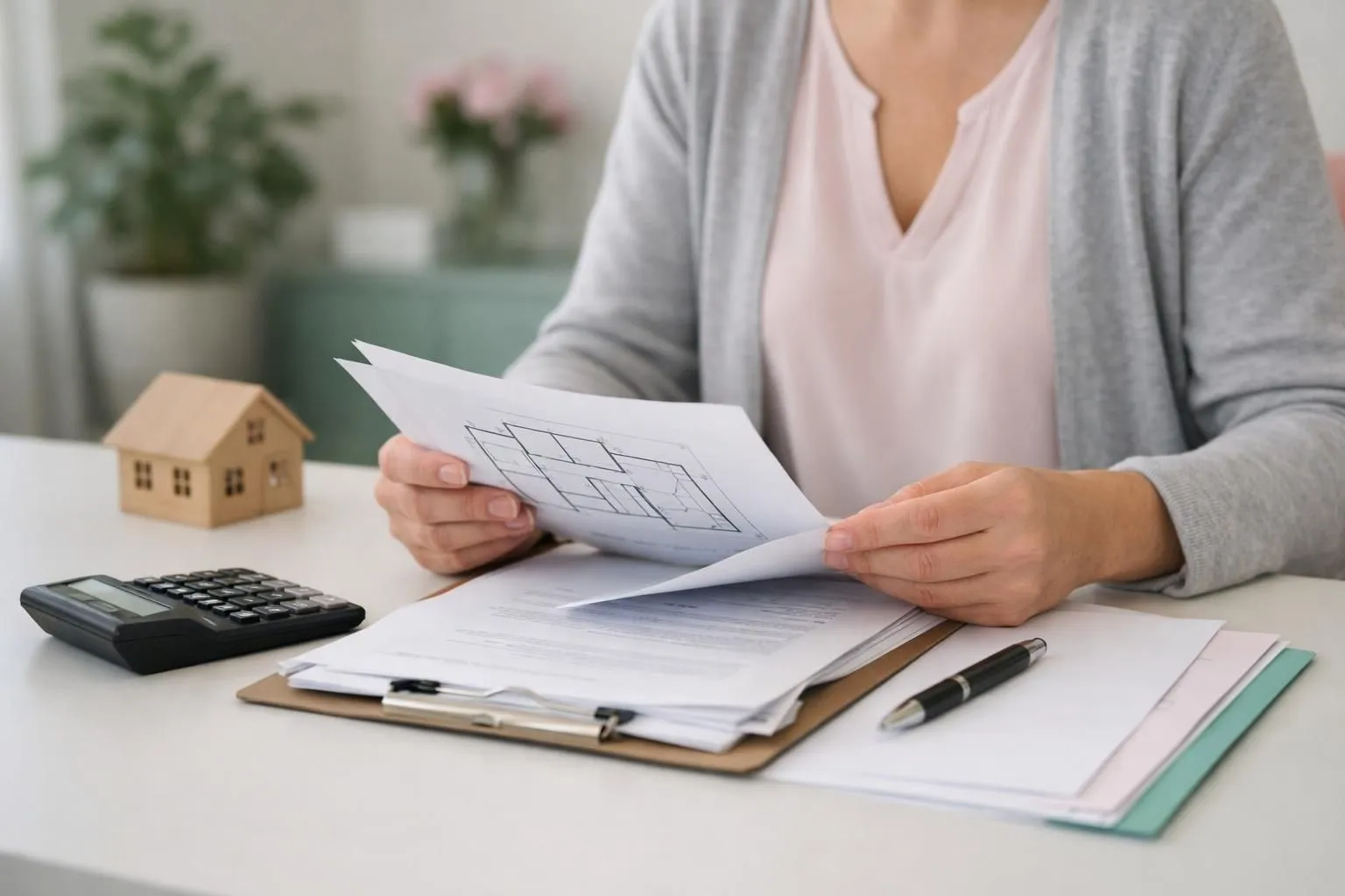 Person reviewing financial documents and house model on desk.