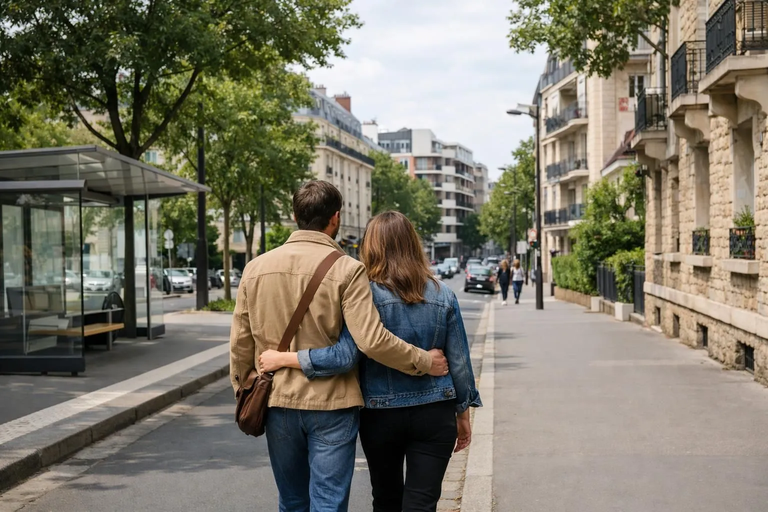 Quartier résidentiel français avec immeubles d'habitation modernes et anciens, vue légèrement en hauteur montrant commerces de proximité, arrêt de transport en commun visible, arbres alignés le long de la rue, ambiance urbaine vivante et sécurisante. Lumière naturelle de fin de matinée, scène réaliste capturant l'analyse d'emplacement pour investissement immobilier. Aucun texte, logo ou panneau lisible dans l'image.