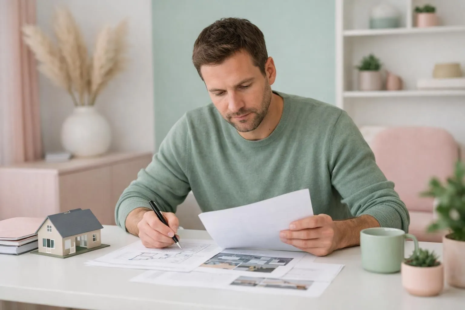 A man in a green sweater reviewing house plans and documents.