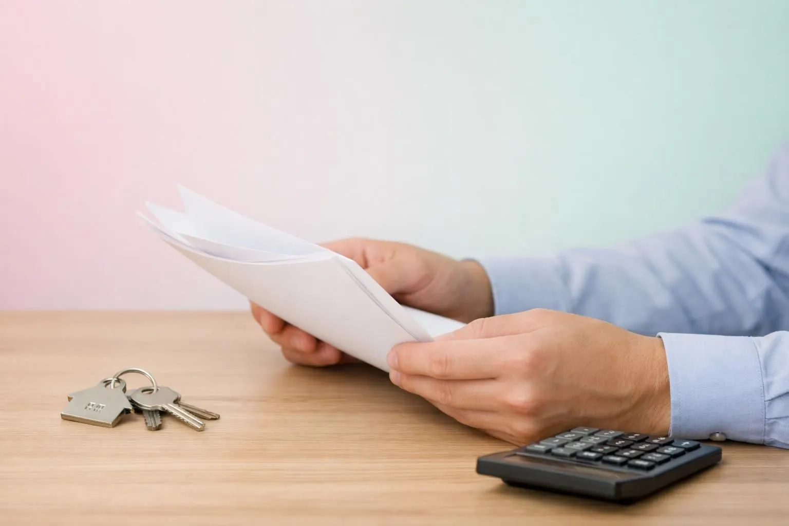 Hands holding documents, calculator, and house keys on desk.