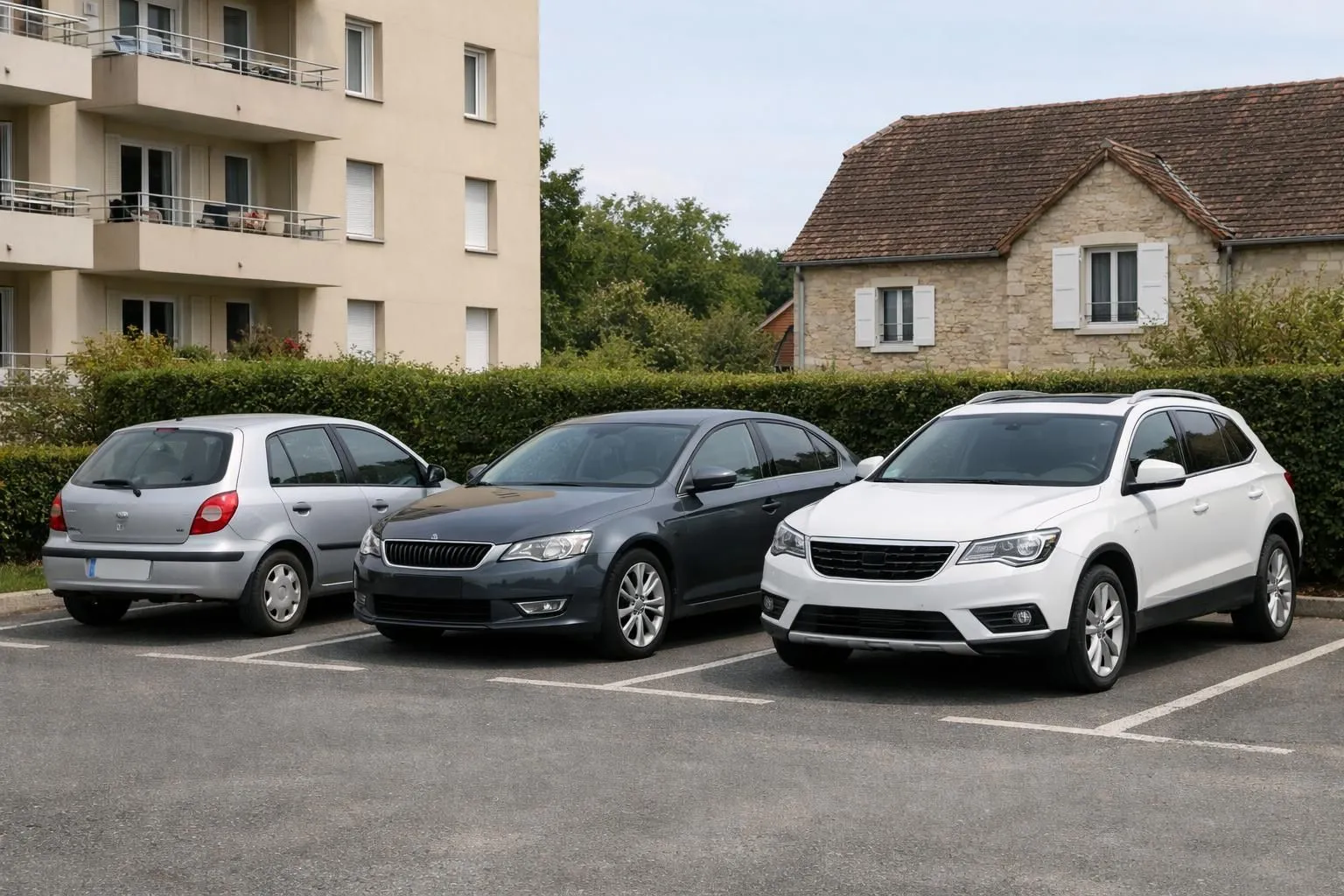 Scène réaliste montrant trois voitures garées côte à côte dans un parking résidentiel français moderne, chacune représentant un niveau de protection différent: une citadine d'occasion sobre, une berline familiale récente et un véhicule premium neuf. Environnement urbain calme avec immeuble d'habitation en arrière-plan, lumière naturelle du jour, ambiance professionnelle et rassurante. Style photo éditoriale pour magazine immobilier, couleurs neutres et élégantes, aucun texte visible.