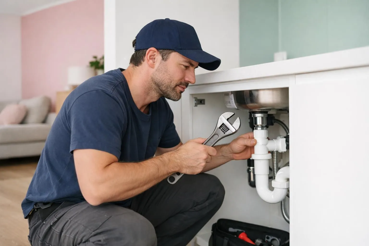 Plumber repairing a sink with a wrench in a home.