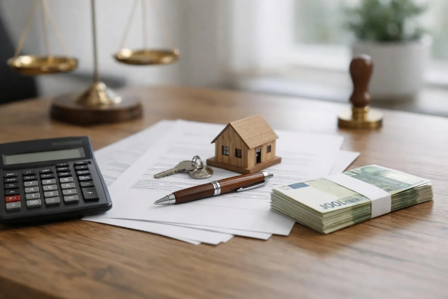 Gros plan sur un bureau de notaire français avec calculatrice professionnelle, documents officiels d'acquisition immobilière, stylo plume posé sur contrat de vente, et liasse d'euros disposée à côté. Ambiance de cabinet notarial moderne avec lumière naturelle tamisée. Environnement: bureau en bois massif, chemises cartonnées beiges, tampon encreur visible en arrière-plan. Atmosphère professionnelle et rassurante, couleurs neutres (beige, blanc cassé, bois foncé). Photo réaliste haute définition sans aucun texte, chiffre, logo ou mention écrite dans l'image.