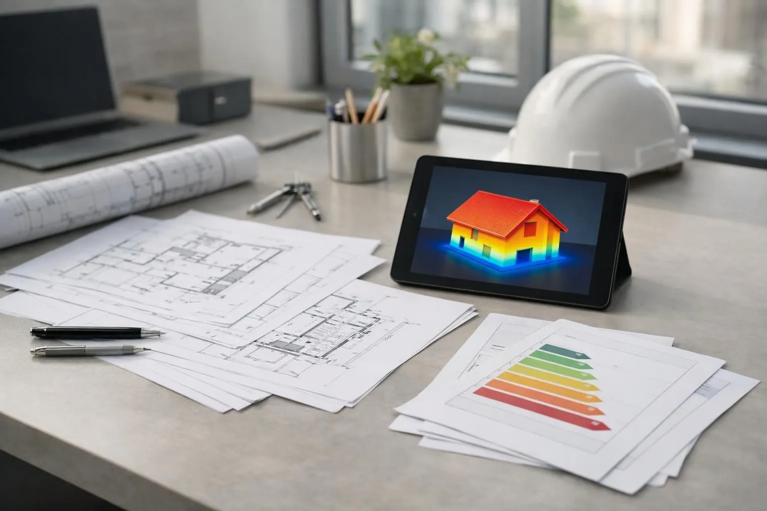 Technical blueprint and energy performance certificate documents for new construction spread on modern architect desk with digital tablet showing thermal simulation and calculator, focus on technical specifications sheets, professional construction office environment with natural daylight, neutral tones, realistic documentation style, no text visible in image