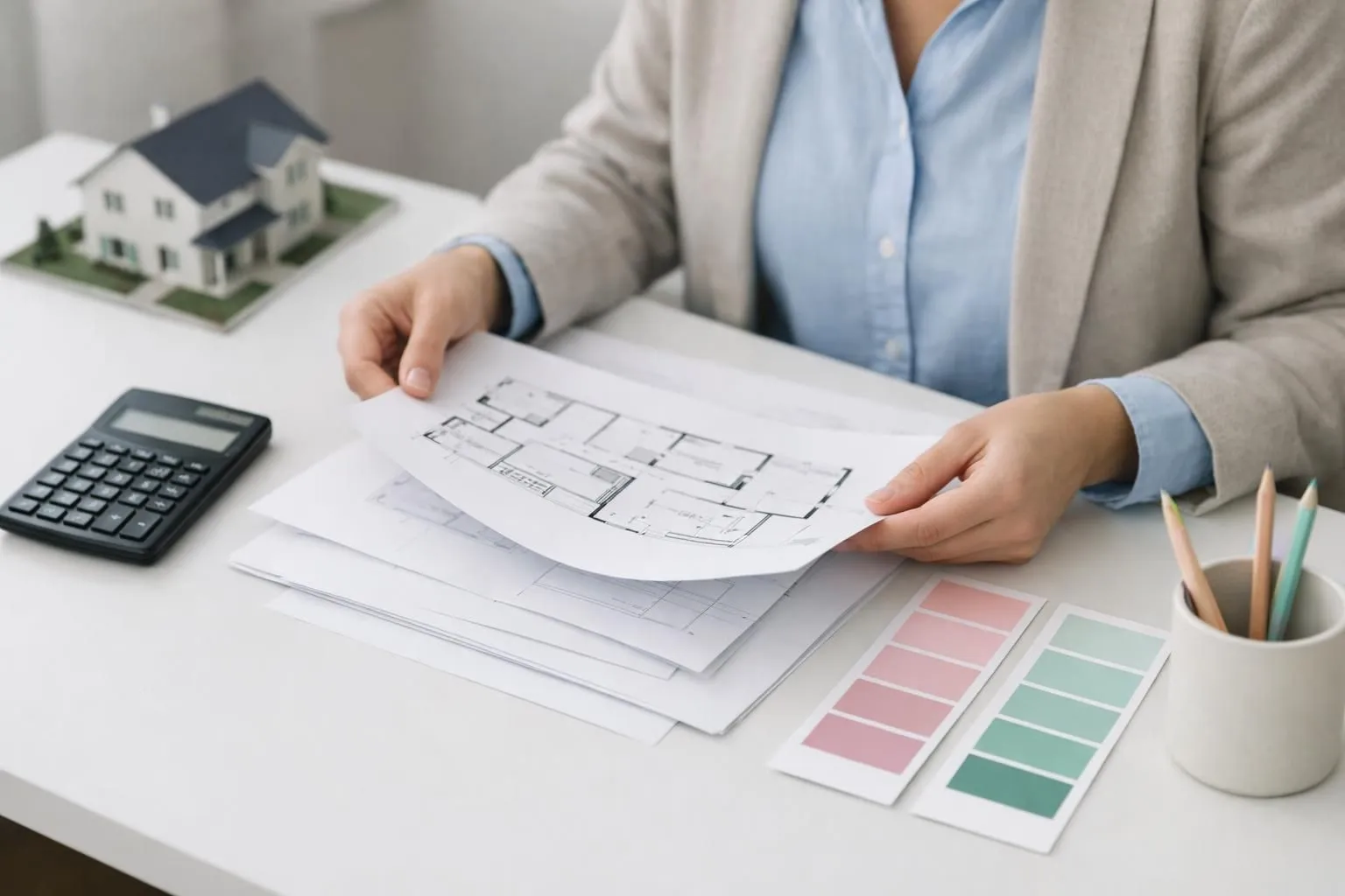 Architectural plans, color swatches, and calculator on a desk.