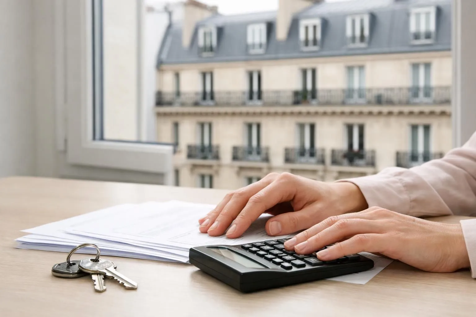 Hands using calculator, documents, and keys on a desk with cityscape view.